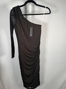 NWT Lulus Enticing Perfection Black and Beige Mesh One-Shoulder Midi Dress XS
