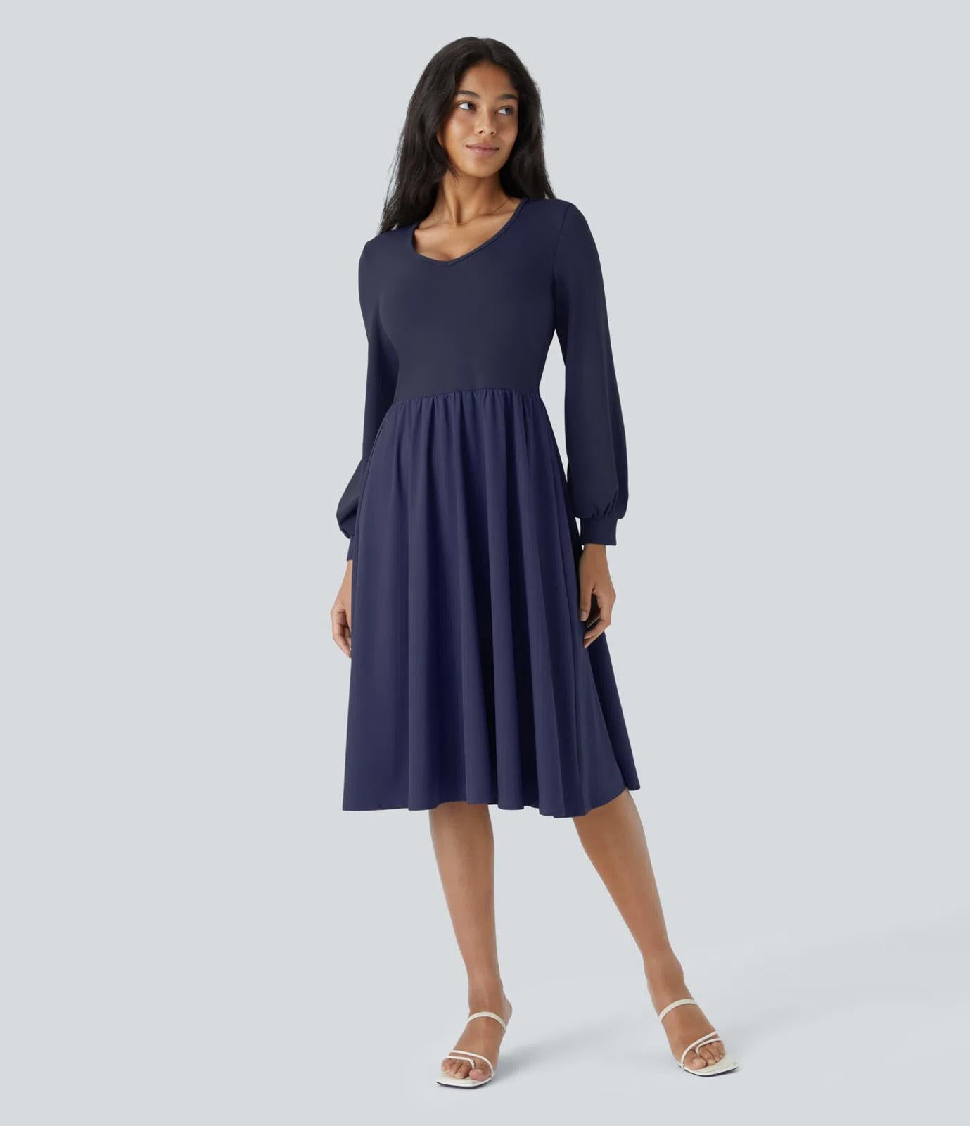 NWT Halara Breezeful V Neck Bishop Long Sleeve Flare Midi Quick Dry Casual Dress