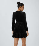 NWT Halara Deep V Neck Long Sleeve Ruffled Hem Velvet Mini Chill Dress Black Large