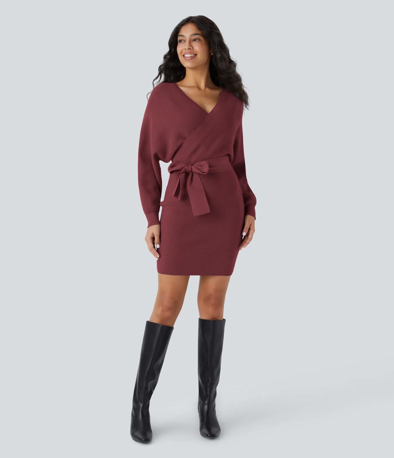 NWT Halara Crossover V Neck Batwing Belted Mini Sweater Mini Dress Red Violet L