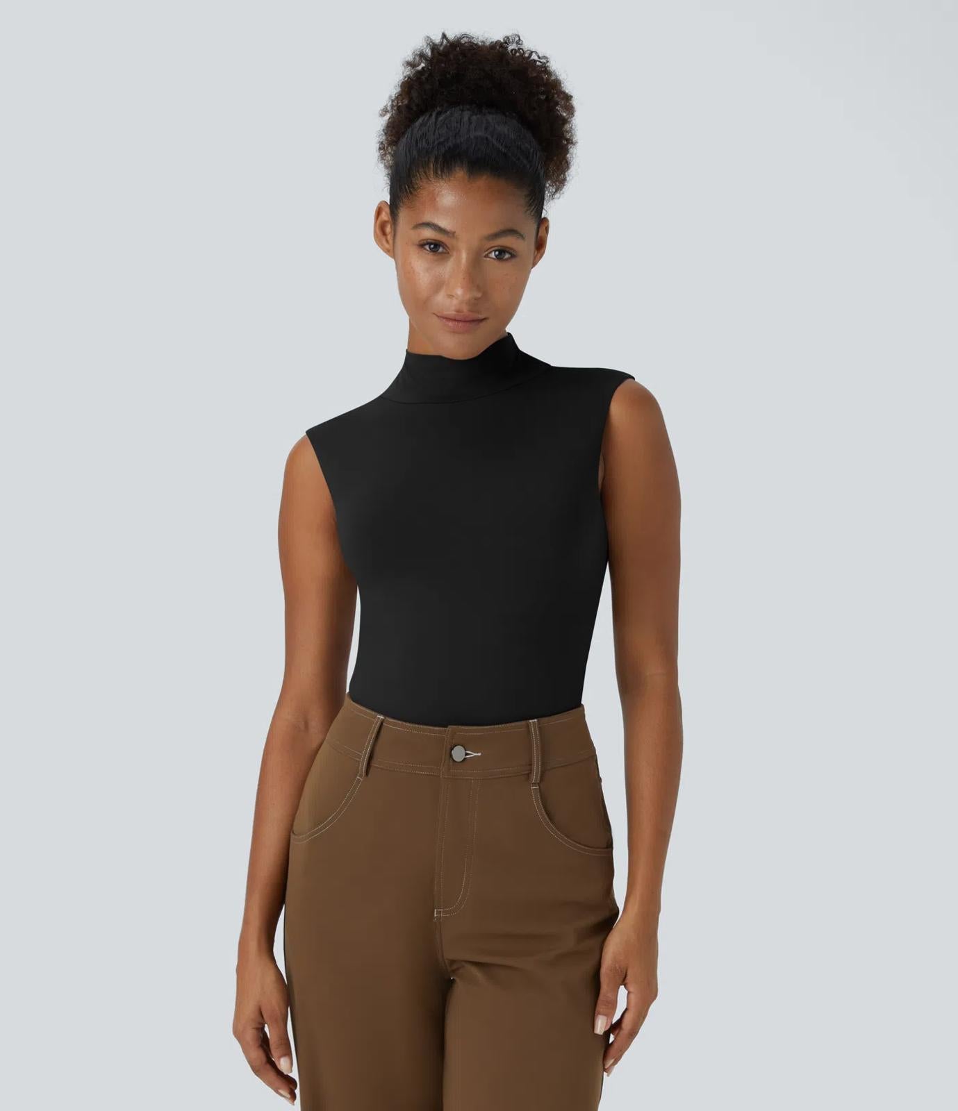 NWT Halara Stand Collar Sleeveless Plain Casual Bodysuit Black M