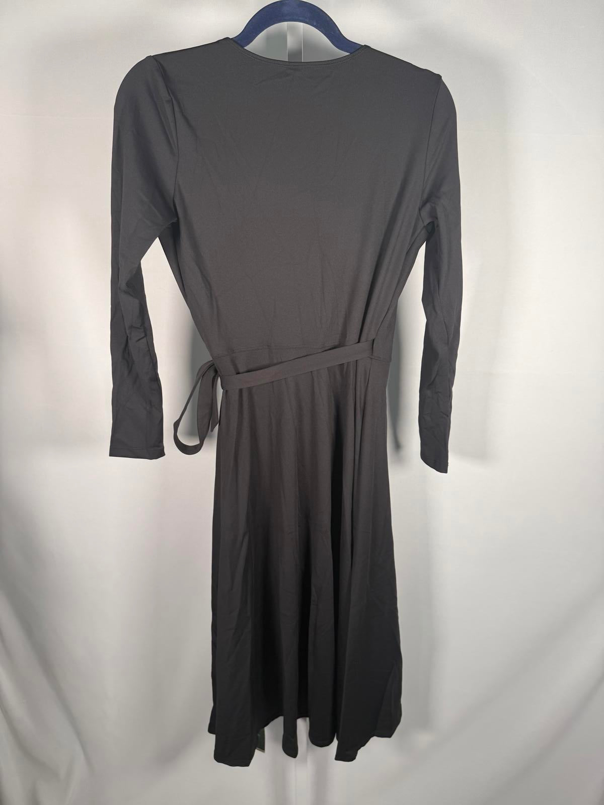NWT HalaraDeep V Neck Long Sleeve Wrapped Tie Side Midi Casual Dress Black S