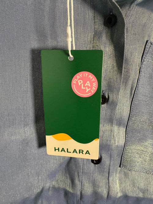 NWT Halara Pocket High Low Curved Hem Shine Oversize Work Shirt Troposphere XS