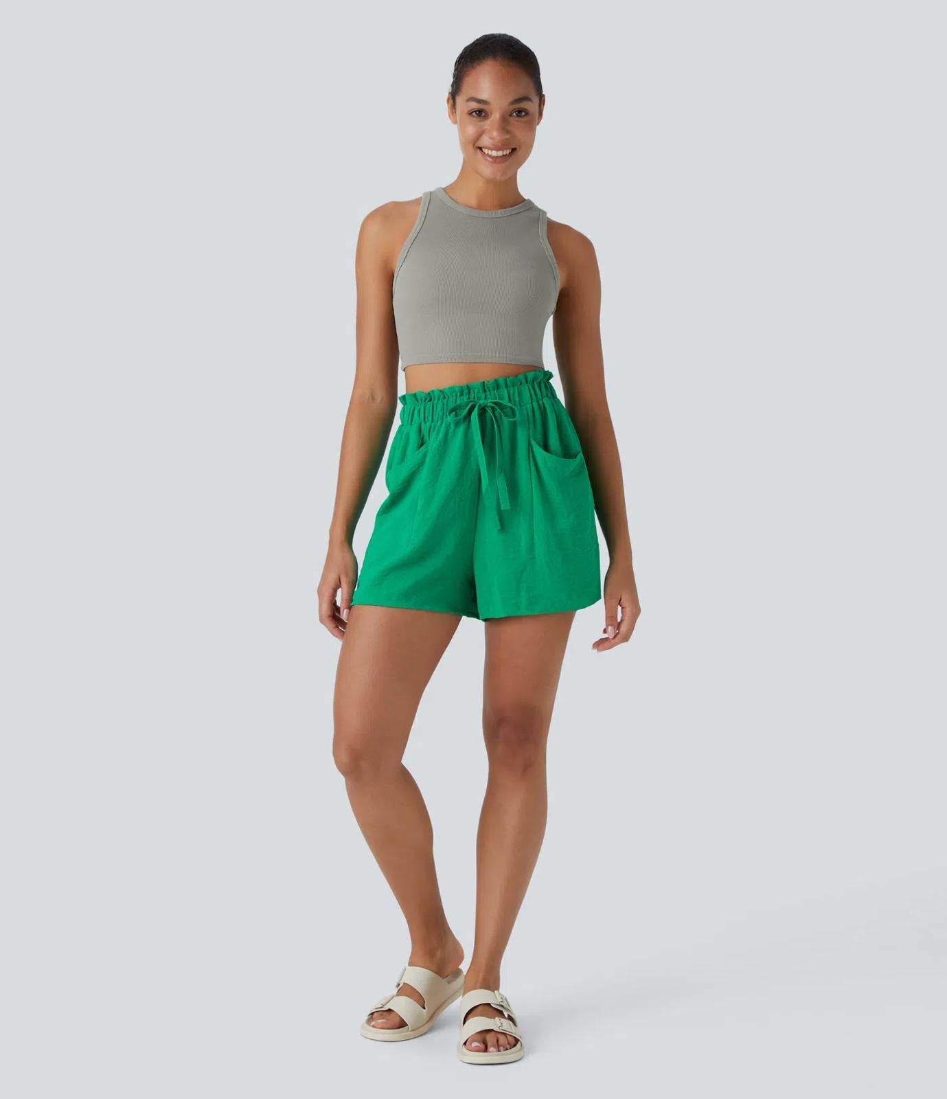 NWT Halara Paper Bag High Waisted Drawstring Pocket Casual Linen-Feel Shorts XL