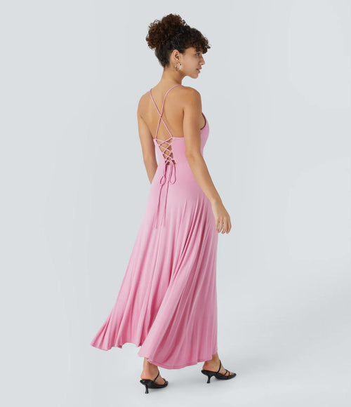 NWT Halara Ribbed Cowl Neck Lace Up Midi Dress Sweet Lilac L