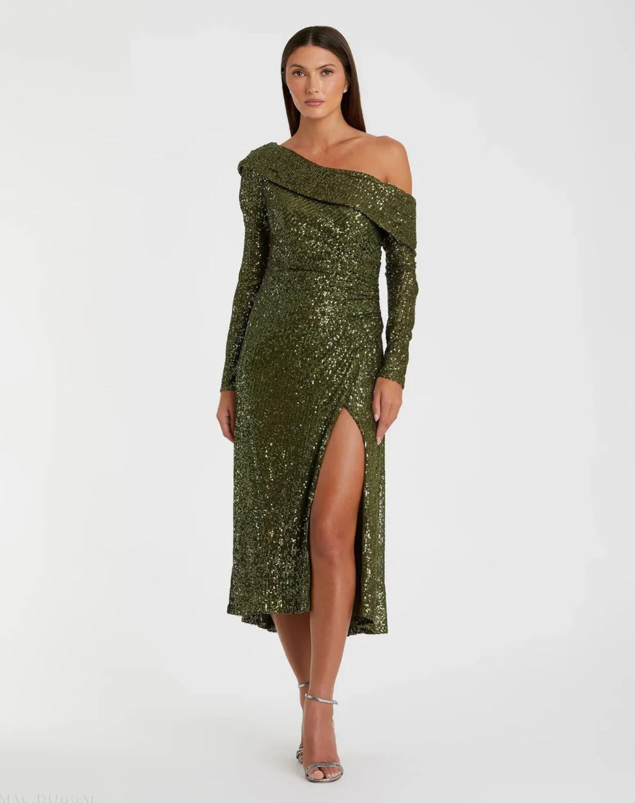 Ieena for Mac Duggal 26551 One Shoulder Sequin Long Sleeve Midi Dress Size 0 NWT