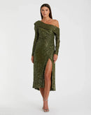 Ieena for Mac Duggal 26551 One Shoulder Sequin Long Sleeve Midi Dress Size 0 NWT