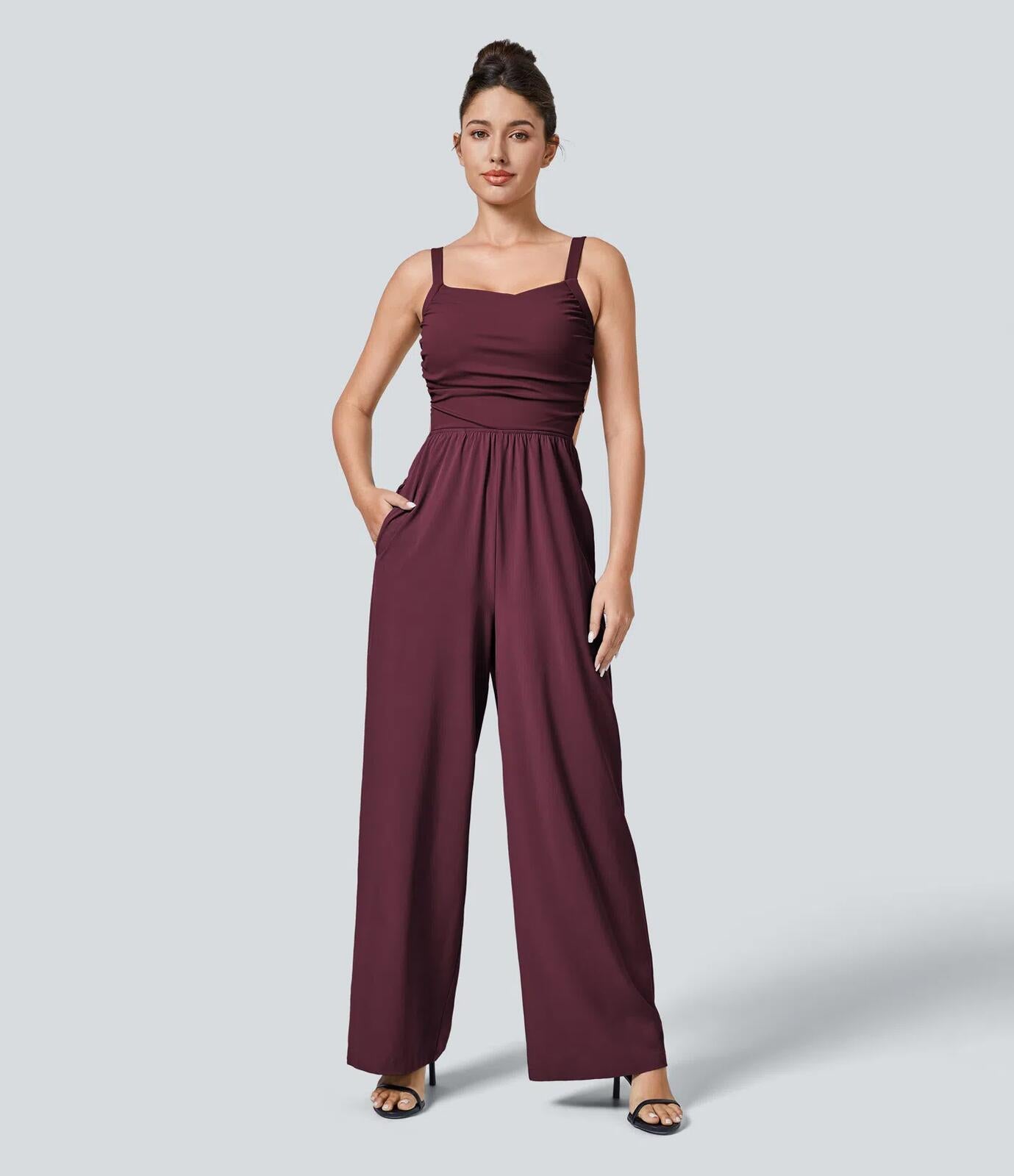 NWT Halara Breezeful™ Lace Up Pocket Quick Dry Casual Jumpsuit Amaranth Size XL