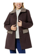 NWT Colleen Lopez Womens Faux Wool Coat Brown Removable Collar Size Small