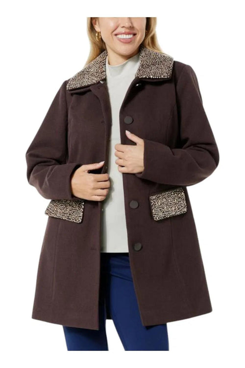 NWT Colleen Lopez Womens Faux Wool Coat Brown Removable Collar Size Small
