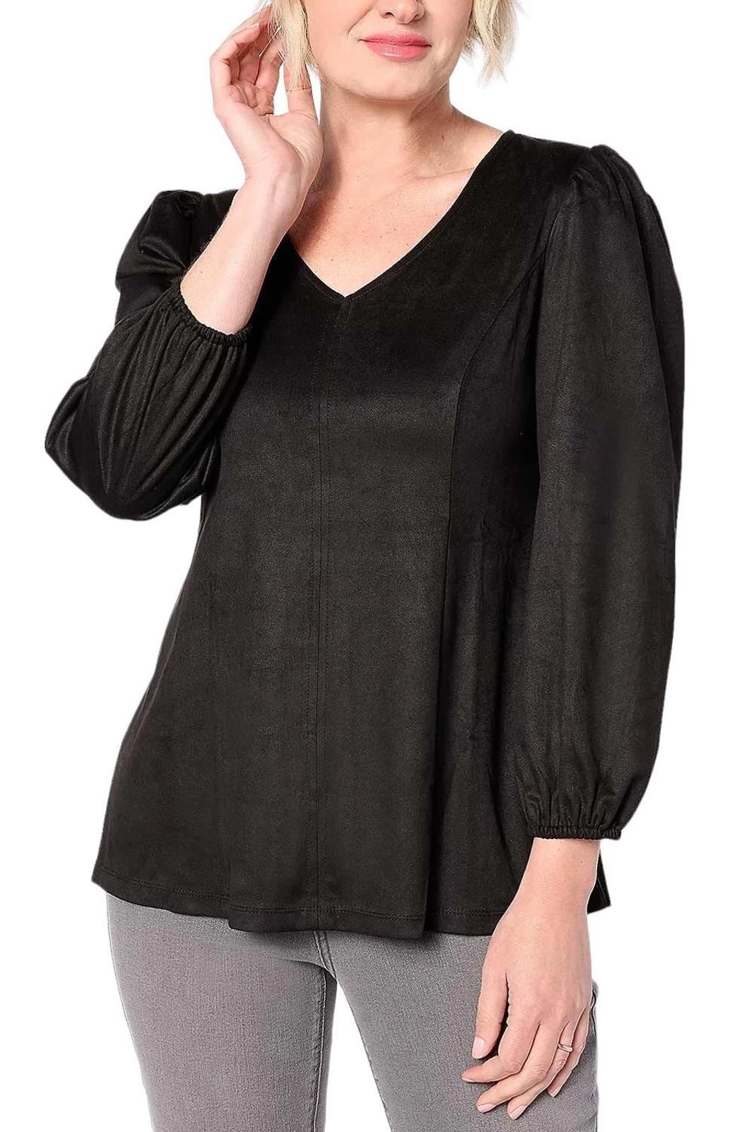 Susan Graver Faux Suede V-Neck Fit & Flare 3/4 Sleeve Top Black Size 2X