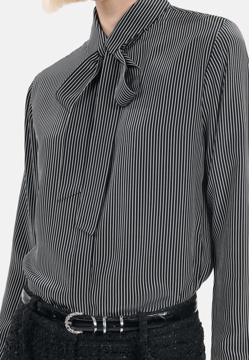The Kooples Micro Striped 100% Silk Tie-Neck Blouse Size US S / FR 1 $415 NWT