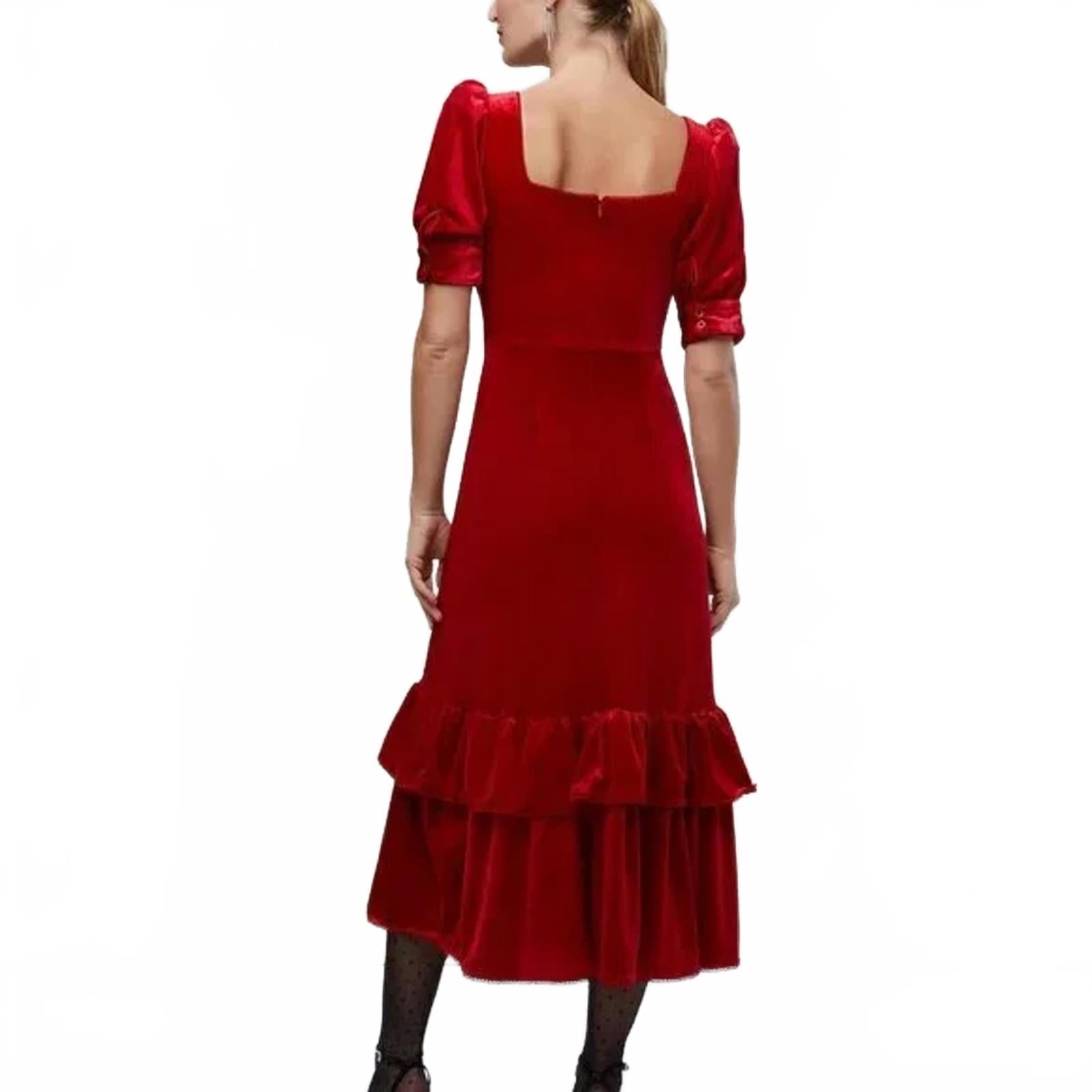 NWT Rachel Parcell Cherry Red Velvet Puff Sleeve Peplum Midi Dress Size XS