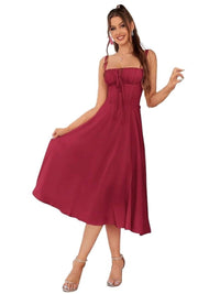 Pathea Elegant Red Midi Dress with Adjustable Straps and Lace-up Back, Size M