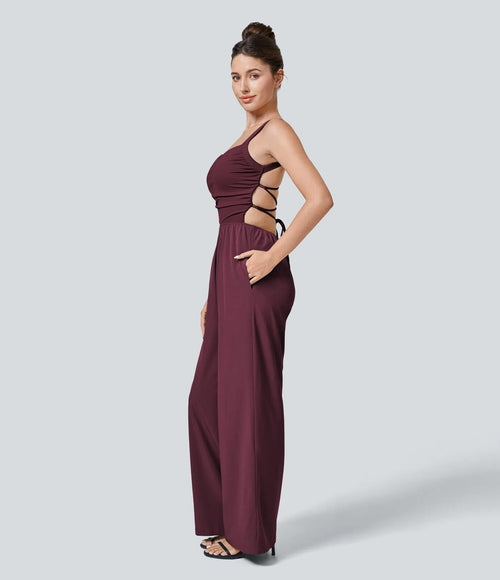 NWT Halara Breezeful™ Lace Up Pocket Quick Dry Casual Jumpsuit Amaranth Size XL