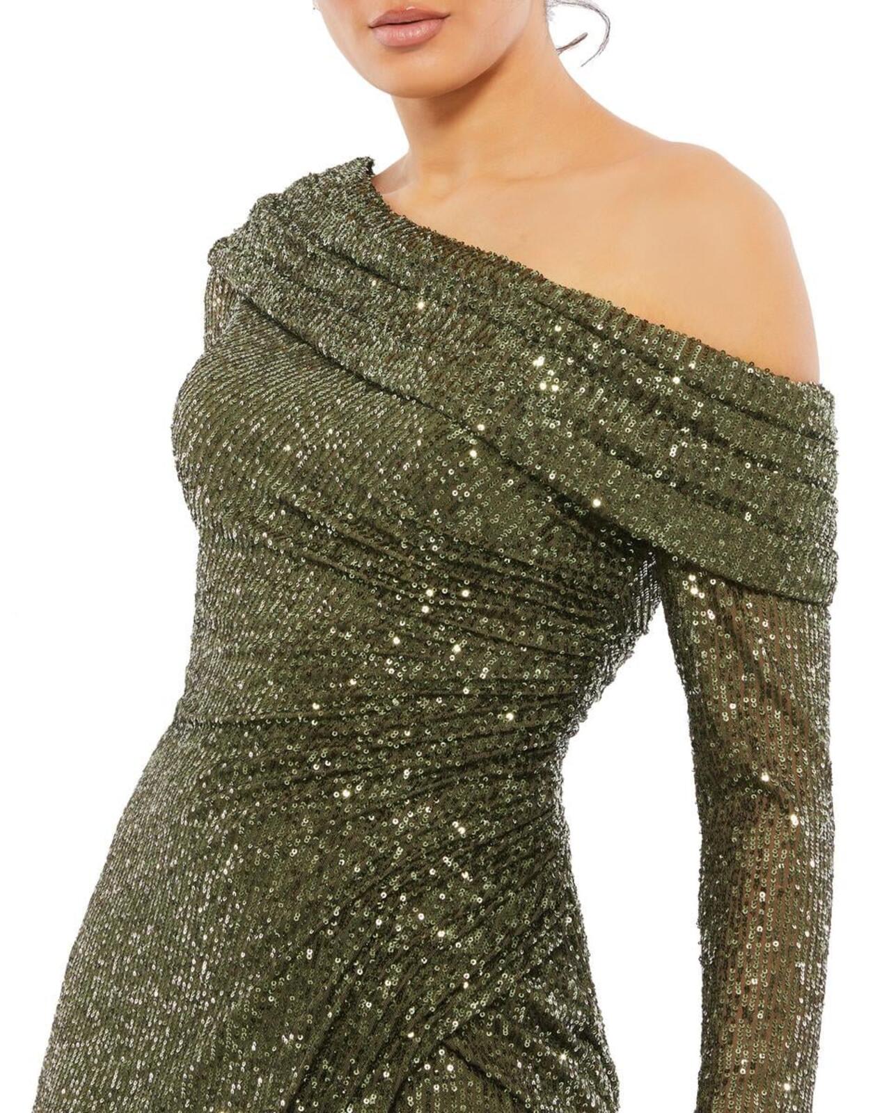 Ieena for Mac Duggal 26551 One Shoulder Sequin Long Sleeve Midi Dress Size 0 NWT