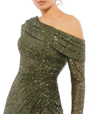 Ieena for Mac Duggal 26551 One Shoulder Sequin Long Sleeve Midi Dress Size 0 NWT