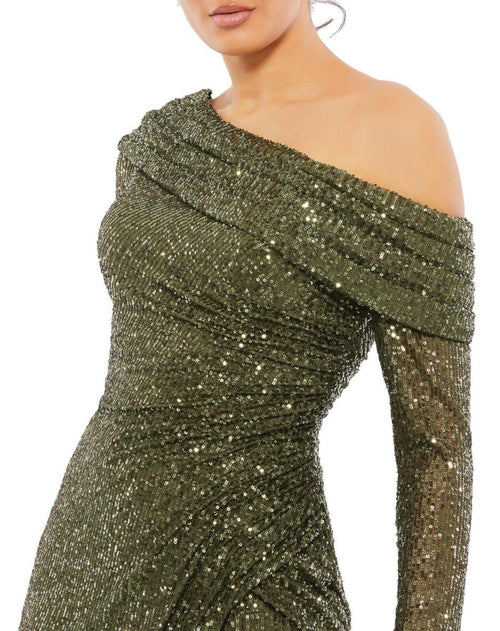 Ieena for Mac Duggal 26551 One Shoulder Sequin Long Sleeve Midi Dress Size 0 NWT