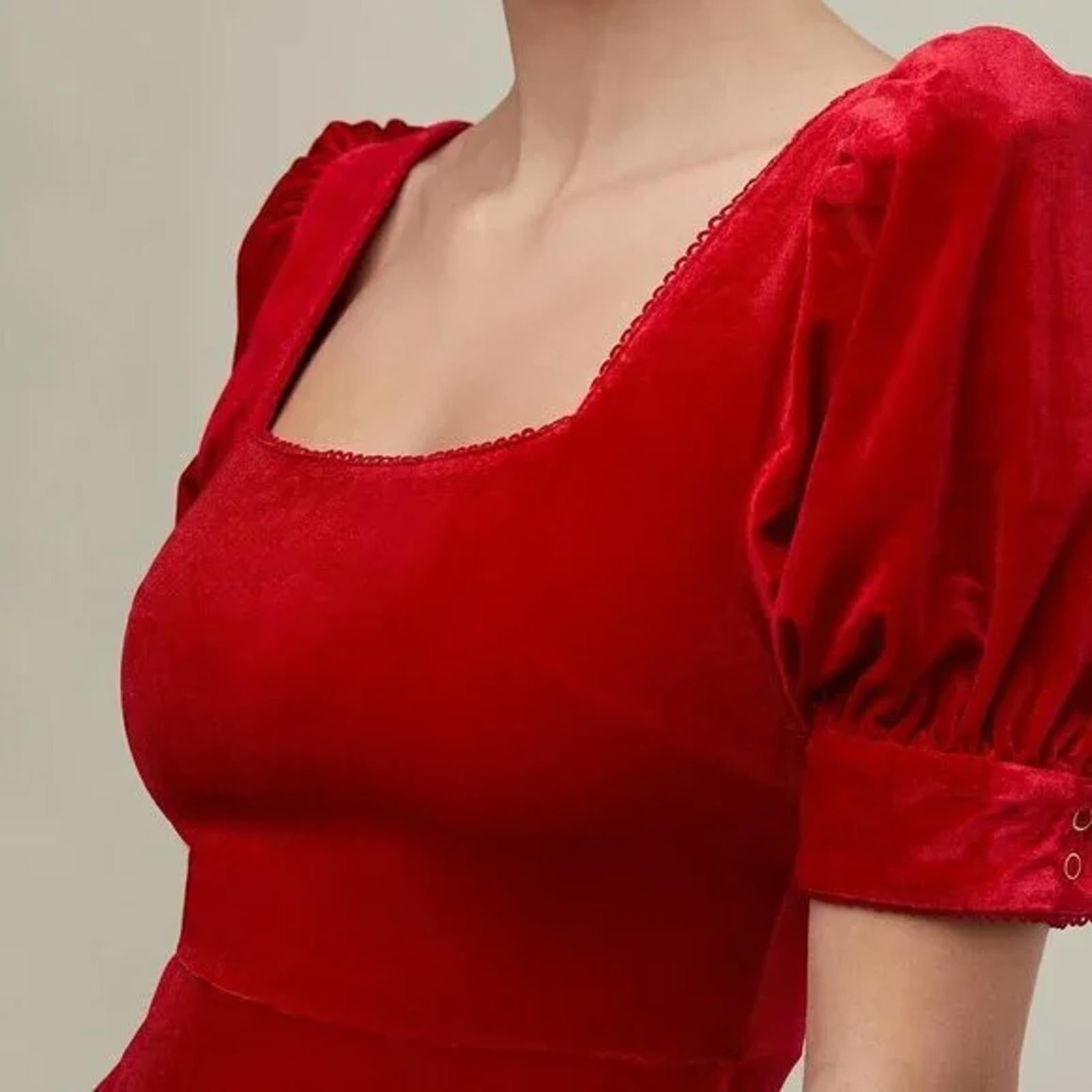 NWT Rachel Parcell Cherry Red Velvet Puff Sleeve Peplum Midi Dress Size XS