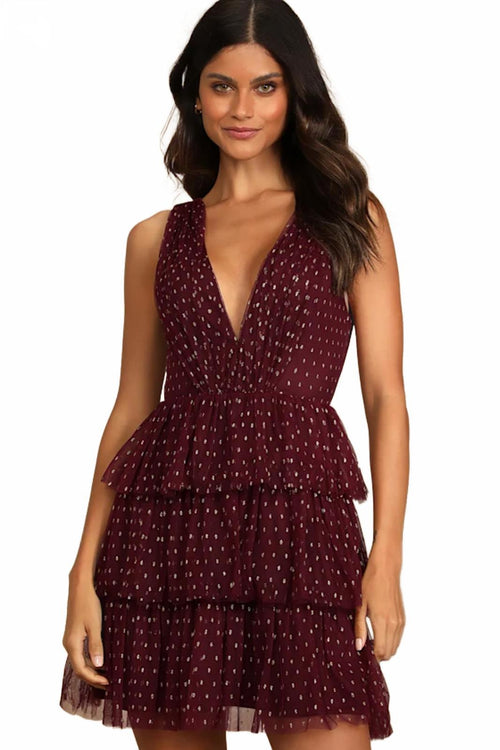 NWT Lulus Forever Sparkling Burgundy Dotted Mesh Tiered Mini Dress Size M