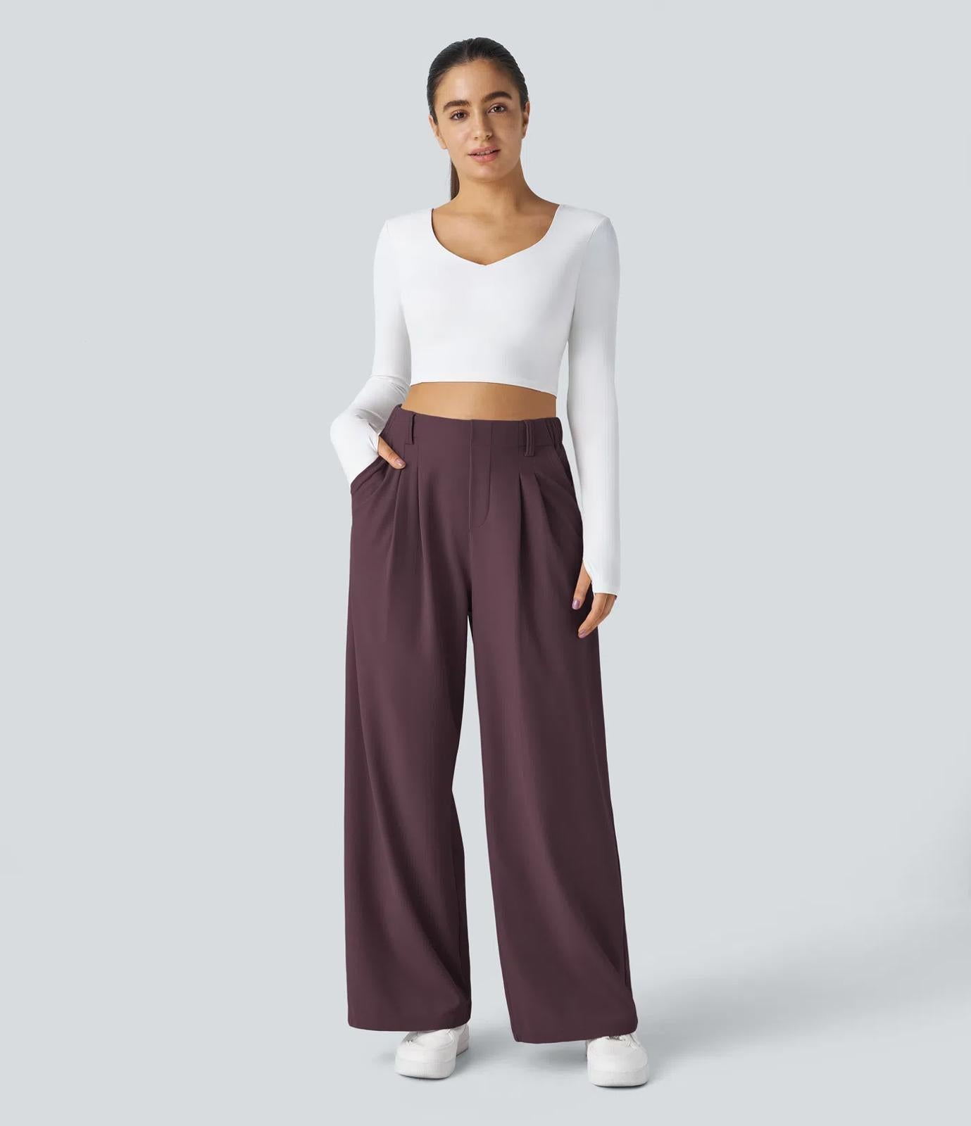 NWT Halara Flex™ High Waisted Pocket Wide Leg Waffle Work Pants Plum Wine - M