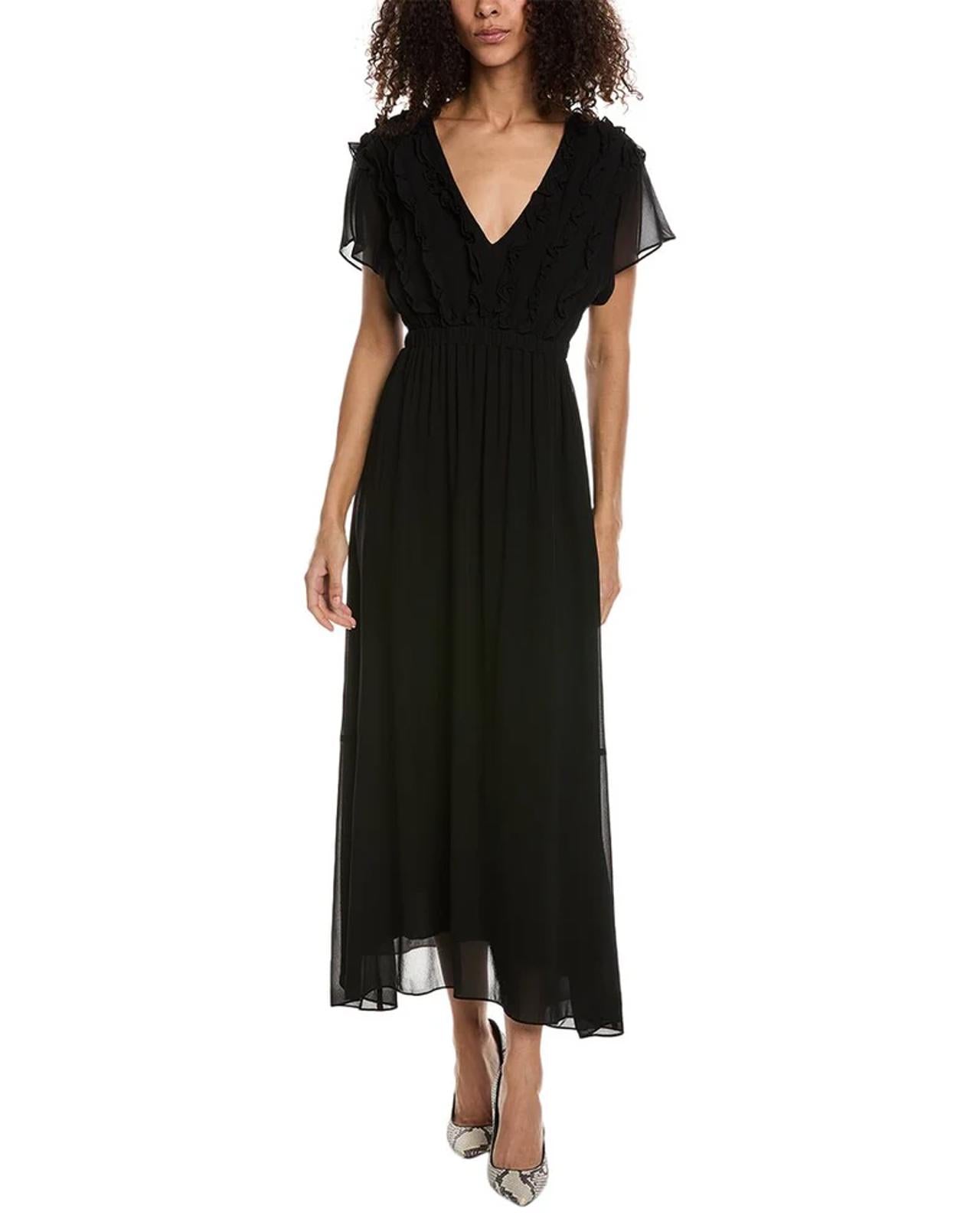 The Kooples Crazy Flounces Black Ruffle Maxi Dress Size 1 (US Small) NWT