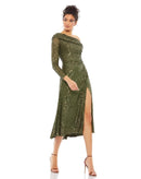 Ieena for Mac Duggal 26551 One Shoulder Sequin Long Sleeve Midi Dress Size 0 NWT