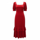 NWT Rachel Parcell Cherry Red Velvet Puff Sleeve Peplum Midi Dress Size XS