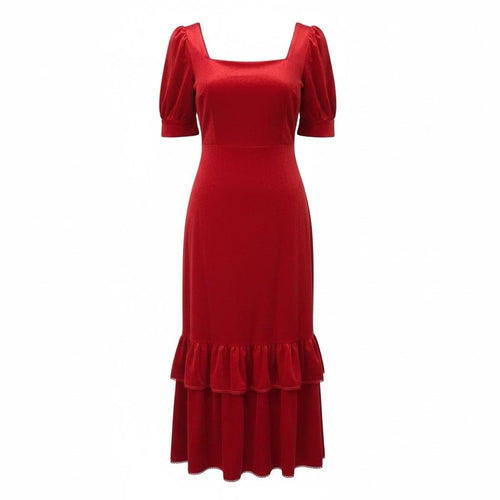 NWT Rachel Parcell Cherry Red Velvet Puff Sleeve Peplum Midi Dress Size XS