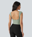 NWT Halara Boat Neck Cap Sleeve Cropped Casual T-Shirt-UPF50+ Asparagus S