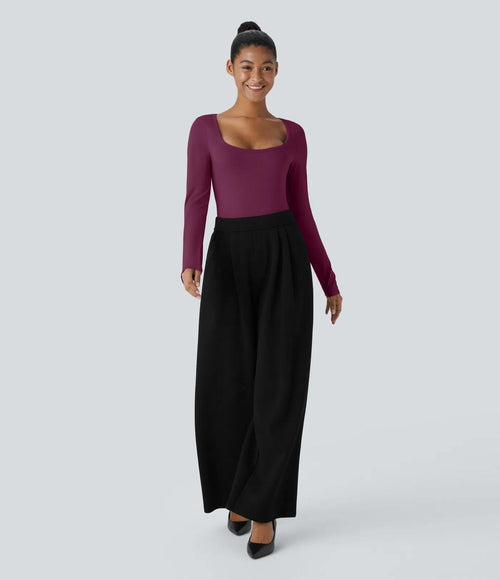 NWT Halara U Neck Long Sleeve Snap Button Skinny Work Bodysuit Red Violet, Large