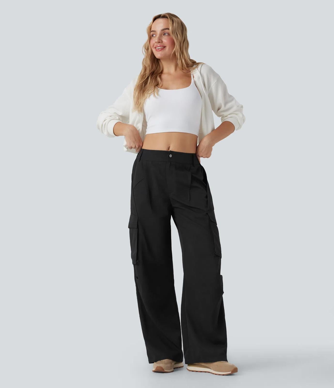 NWT Halara Mid Rise Button Zipper Wide Leg Cargo Pants Size Large