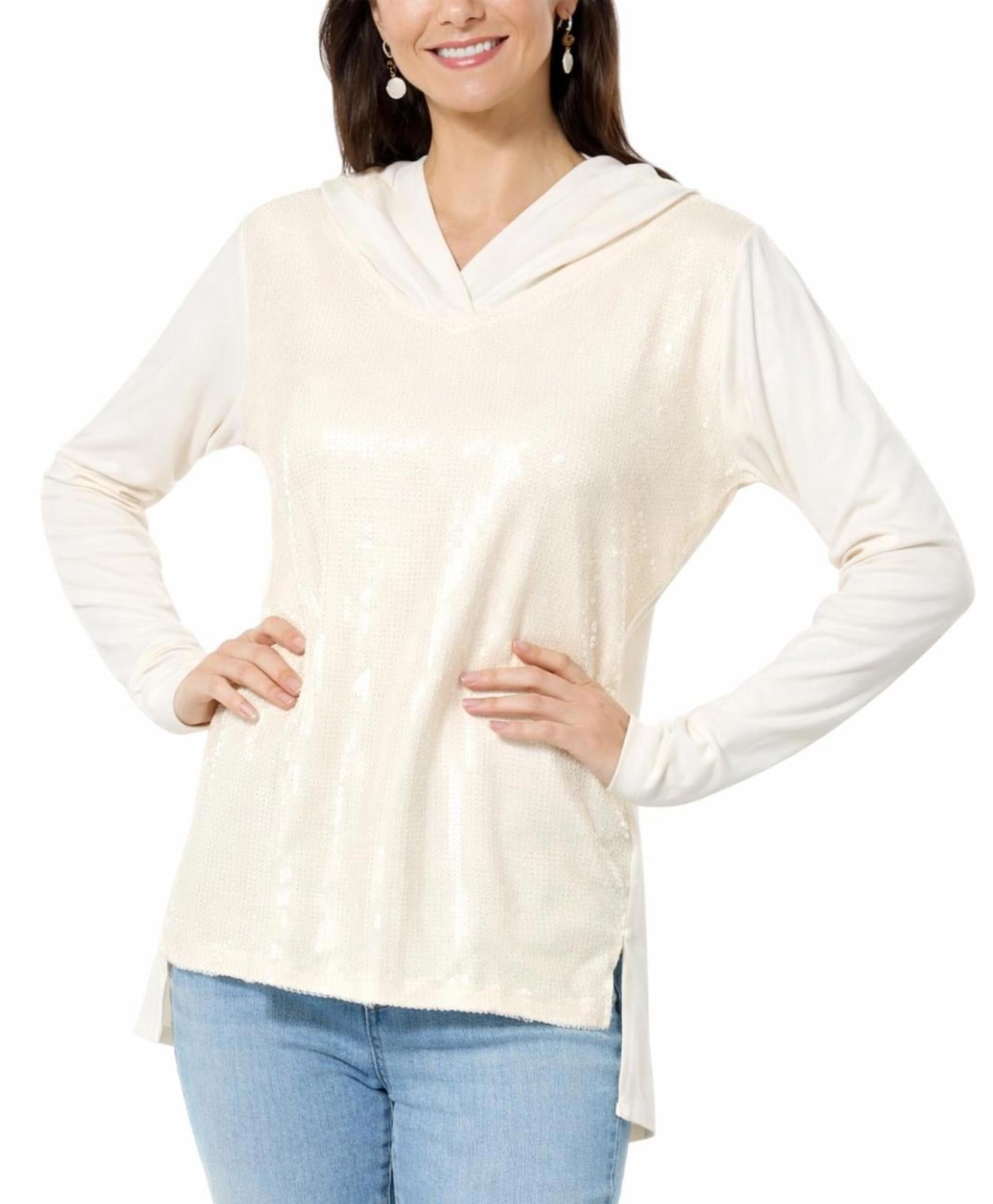 Colleen Lopez Women's Mixed Media Sequin Front Hoodie Cream Size Small