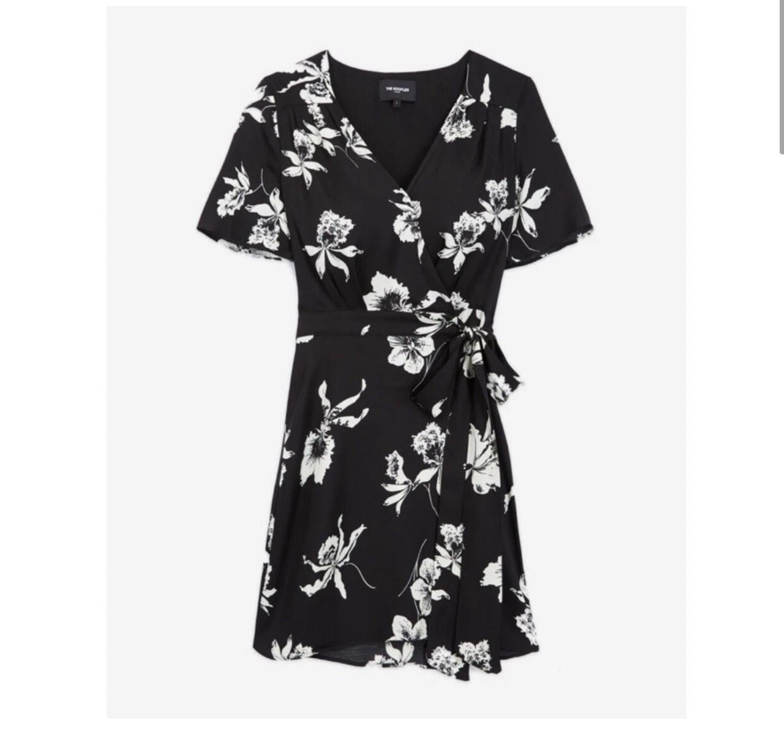 The Kooples Orchid Scarf Black Floral Wrap Dress Size 0 (US XS) NWT