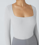 NWT Halara Ribbed Square Neck Long Sleeve Skinny Casual Bodysuit Glacier Gray M