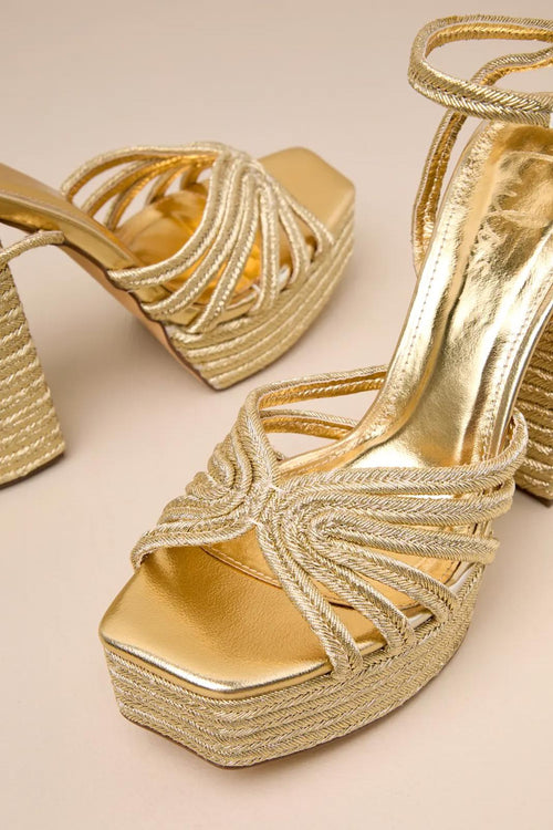 Lulus Seelah Gold Metallic Strappy Platform High Heel Sandals - 11 NWB