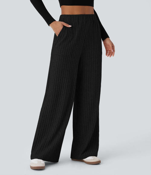 NWT Halara Ribbed Knit High Waisted Pockets Wide Leg Casual Pants Size Small