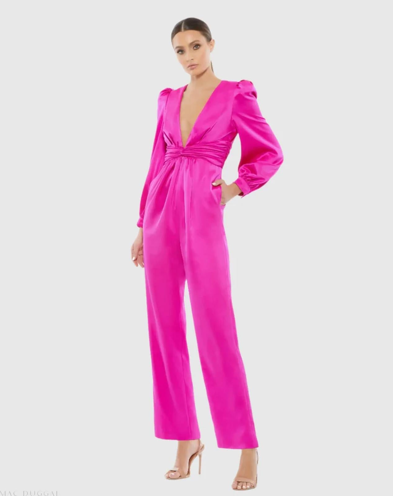 NWT Mac Duggal Pink Front Twist Puff Sleeve Deep V Jumpsuit Size 2