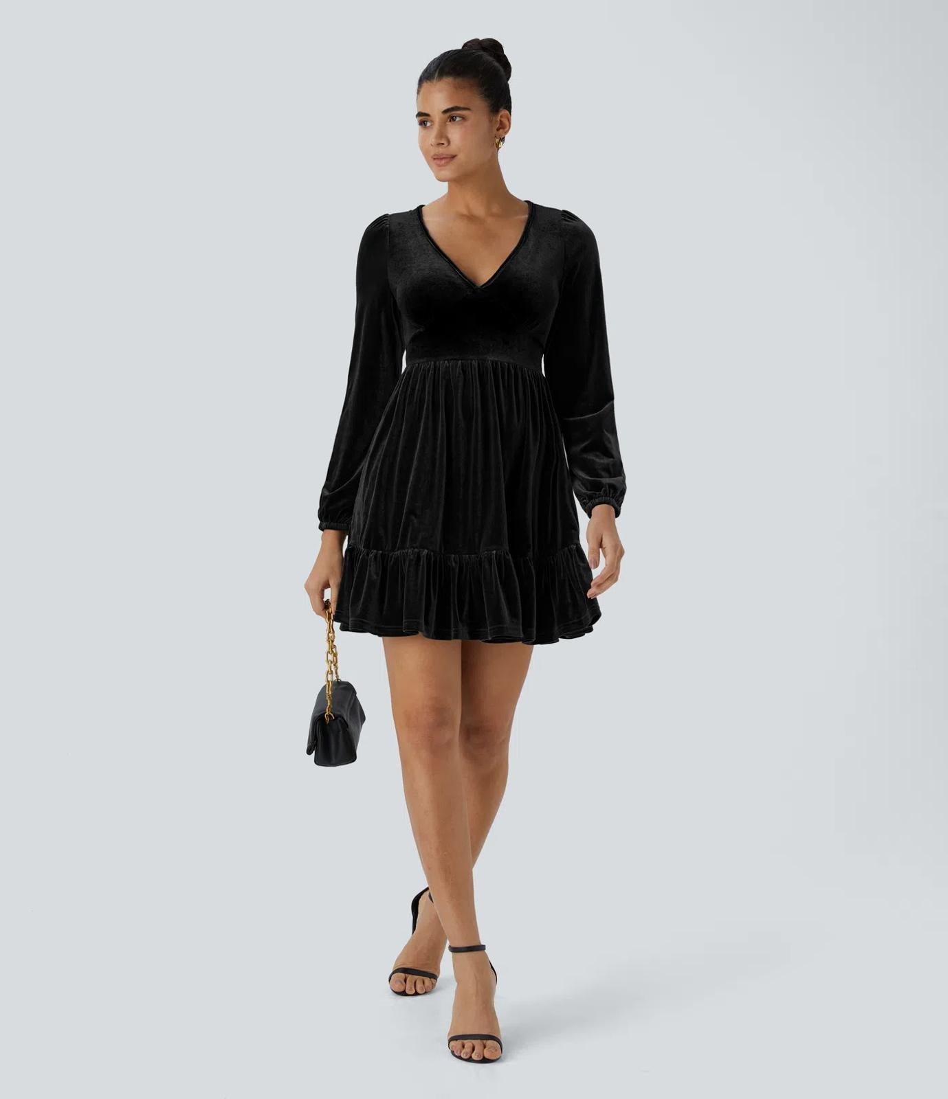 NWT Halara Deep V Neck Long Sleeve Ruffled Hem Velvet Mini Chill Dress Black L