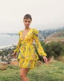 NWT Mac Duggal Yellow Floral Print Puff Sleeve Ruffled Mini Dress Size 2
