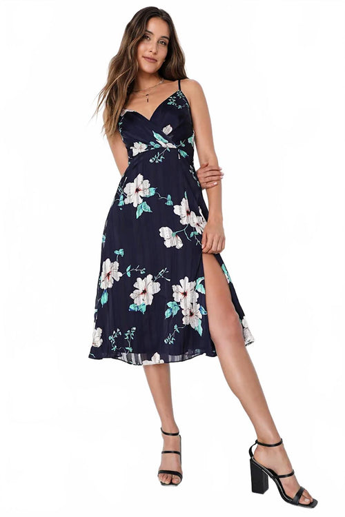 Lulus All About Love Navy Blue Floral Print Midi Dress - XS NWT