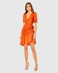 IEENA FOR MAC DUGGAL Short Puff Sleeve Faux Wrap Mini Dress Size 2