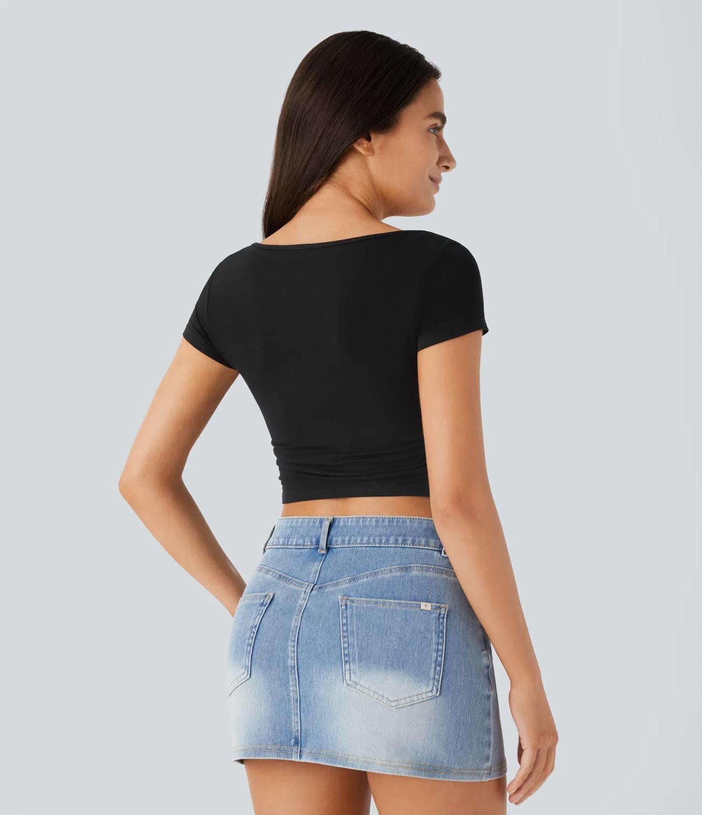 NWT Halara boat neck black baby tee cropped Size XL