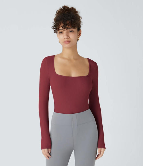 NWT Halara Ribbed Knit Square Neck Long Sleeve Skinny Bodysuit Ruby Wine L