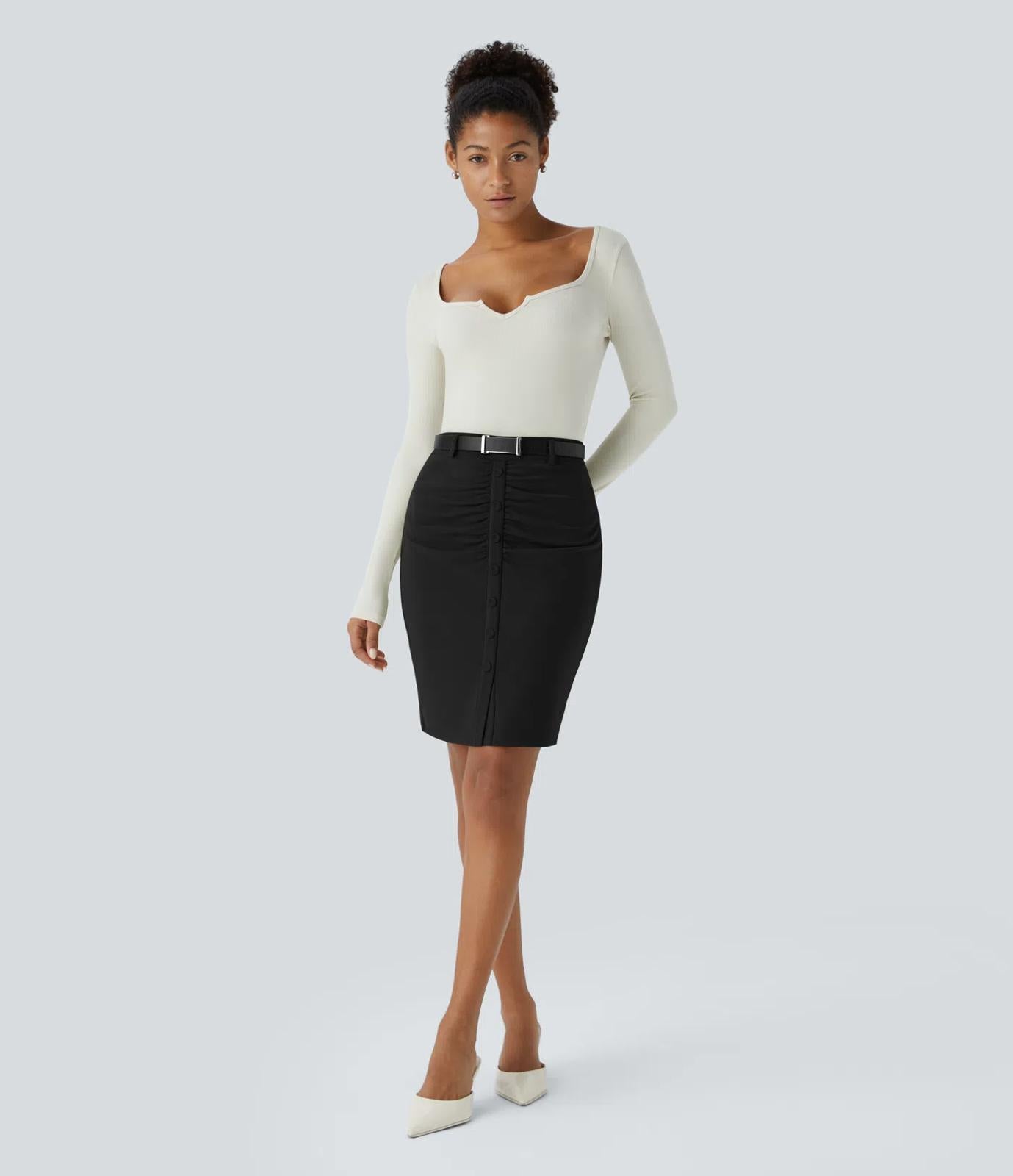 NWT Halara High Waisted Decorative Ruched Hem Work Pencil Skirt Black M
