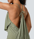 NWT Halara V Neck Tie Back Ruched Maxi Slip Dress Light Green Floral Yarn L