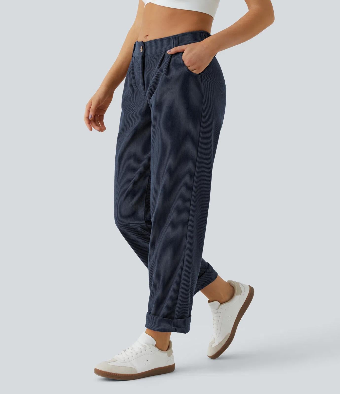 NWT Halara Mid Rise Zipper Pocket Corduroy Blue Casual Pants Size Small