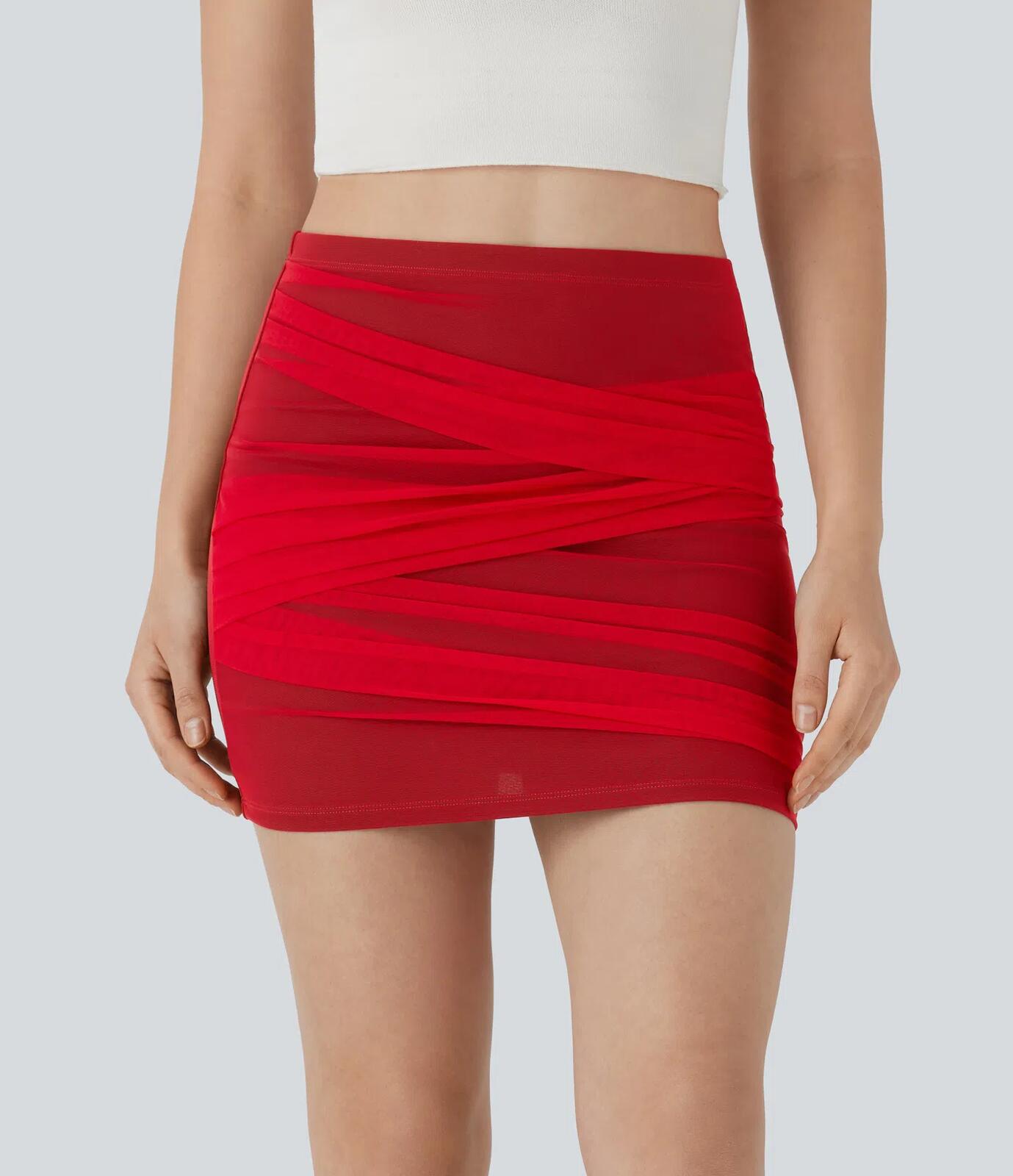 NWT Halara High Waisted Contrast Mesh Bodycon Red Mini Casual Skirt Size Large