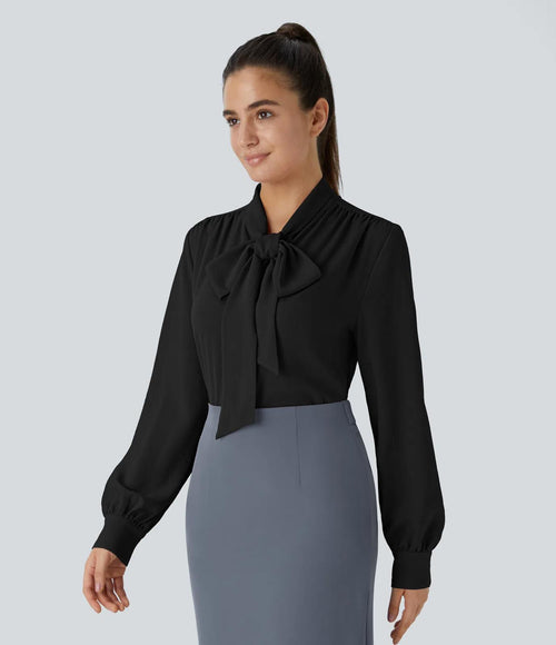 NWT Halara Tie Neck Long Sleeve Work Blouse Black M