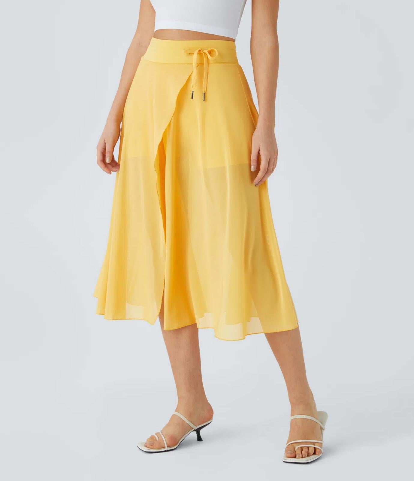 NWT Halara High Waisted Drawstring 2-in-1 Pocket Flowy Midi Skirt Popcorn S